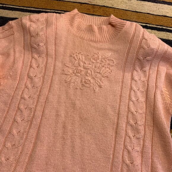 Vintage Knit Sweater Cottagecore Granny Pastel Pullover Pink Mock Neck Floral M - Picture 2 of 7